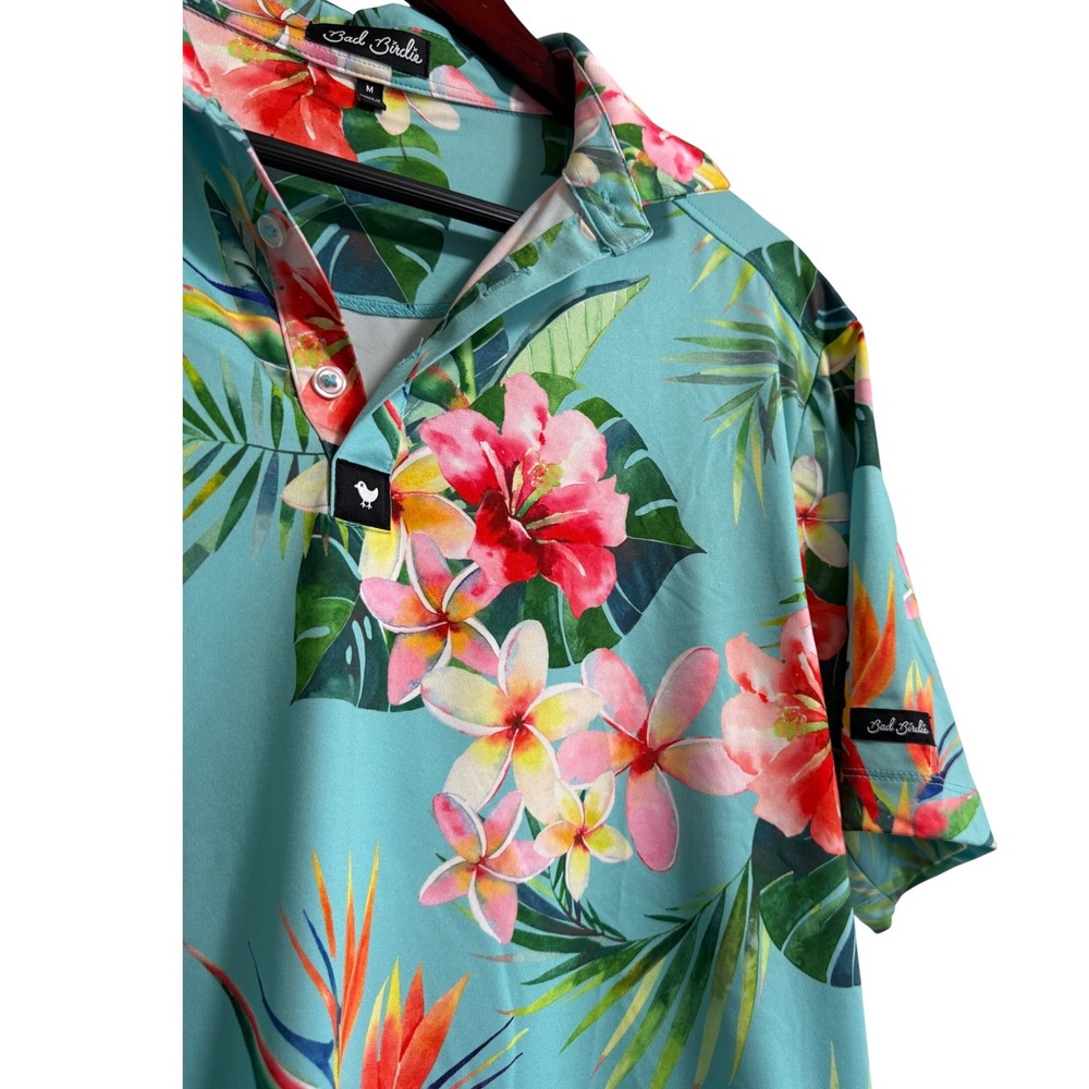 Bad Birdie Mens Tropical Floral Golf Polo Shirt Blue Size M - Picture 4 of 6